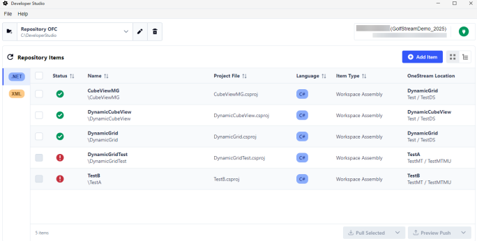 The .NET Repository Items grid has multiple items wiht the Ready and Error statuses
